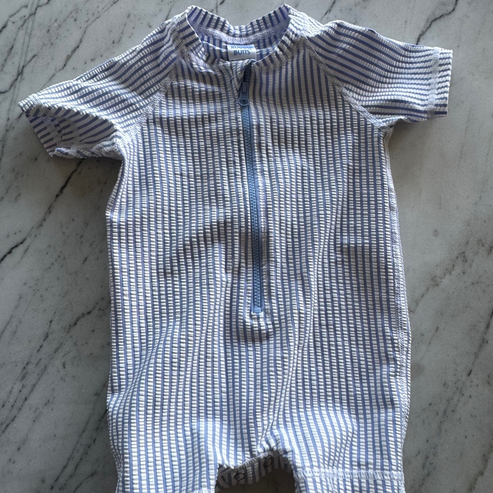 Ruffle Butts 12-18mo blue and white striped rashguard swimsuit